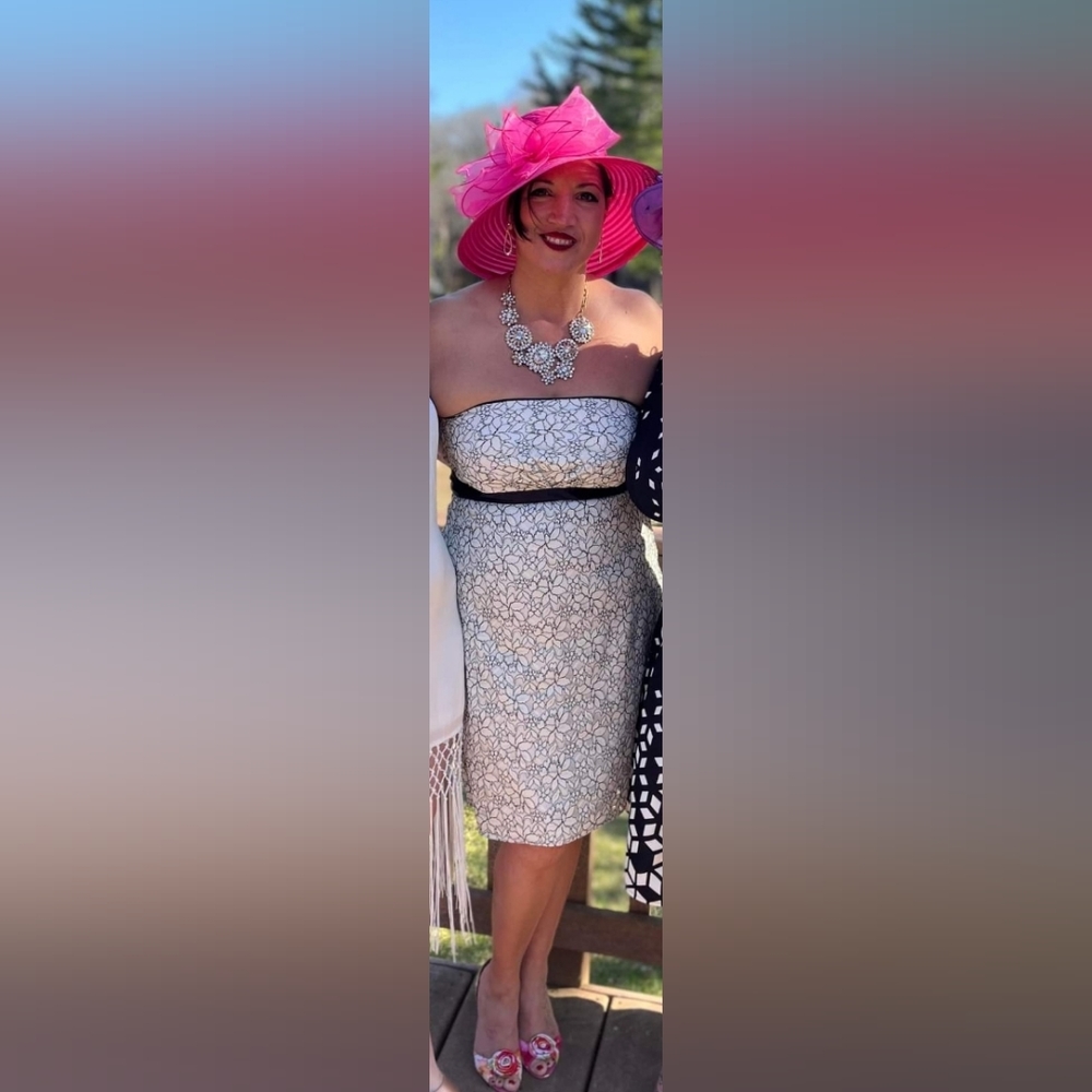 White House Black Market Strapless Lace Dress 14 Black & White Floral